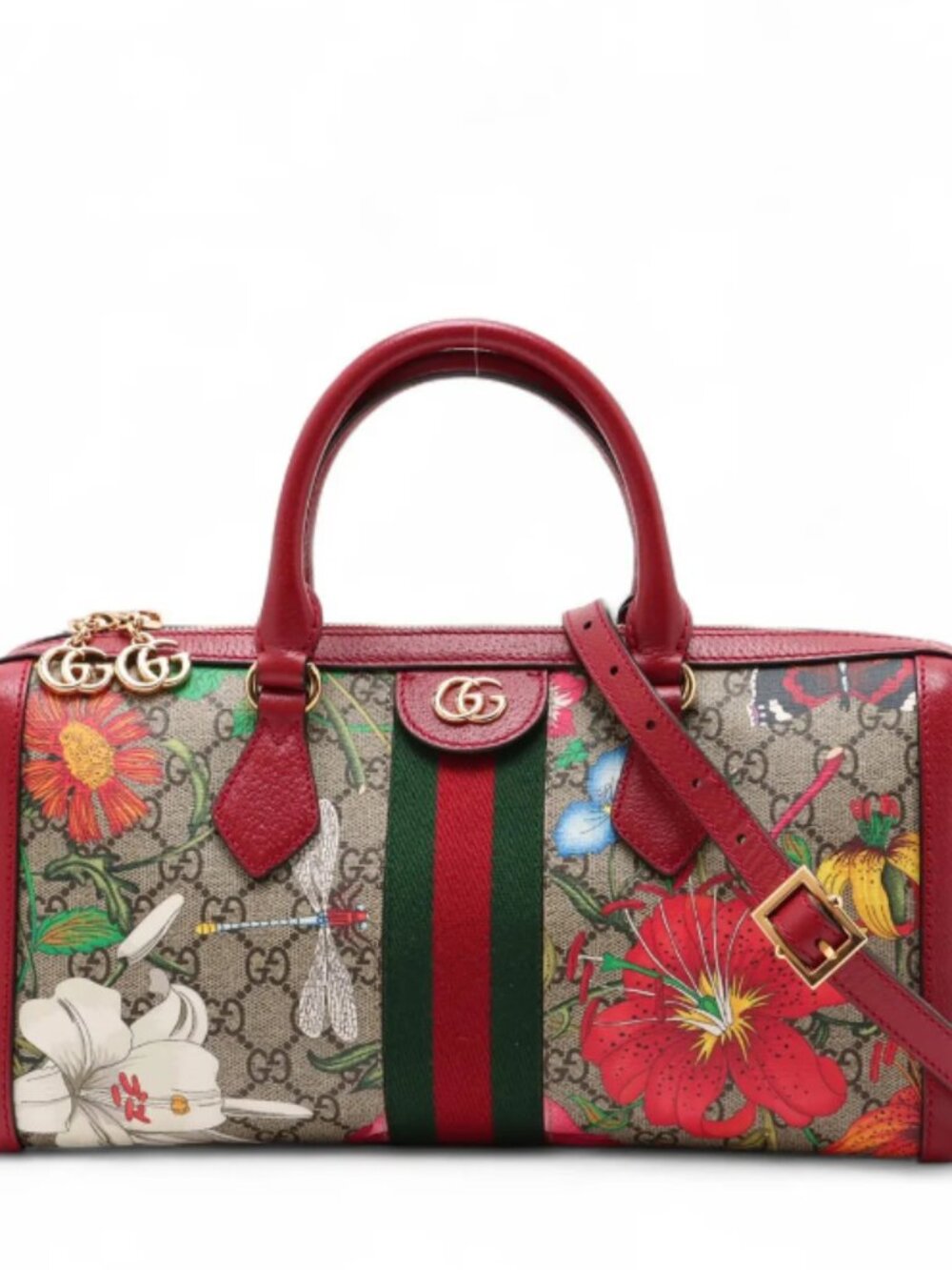 Gucci GG Floral Leather Two-Way Shoulder Bag Beige x Red